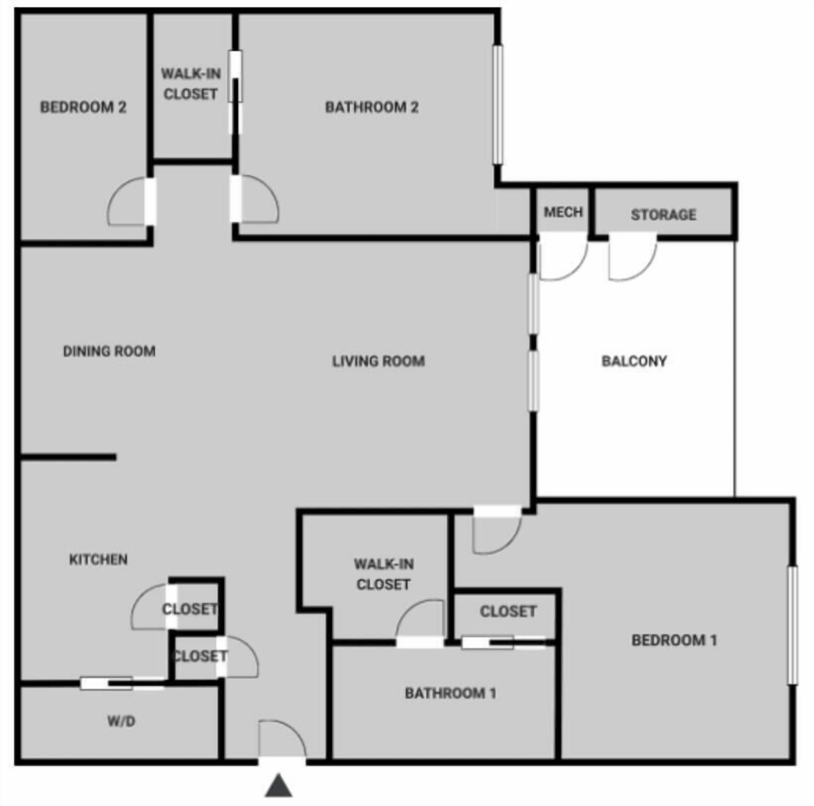 Grundriss mit zwei Schlafzimmern, zwei Bädern, einem Esszimmer, einem Wohnzimmer, einer Küche, einem Balkon und begehbaren Kleiderschränken.