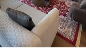 Moderni olohuone, jossa on suuri litteänäyttöinen televisio, pyöreä sohvapöytä ja kuviollinen matto.