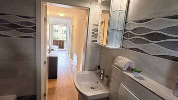 Hair dryer, towels, soap, toilet paper
