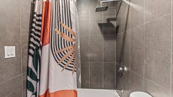 Hair dryer, towels, soap, toilet paper