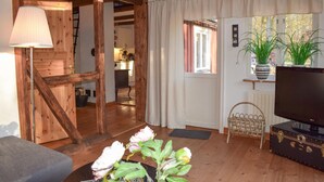 Ein Holzinterieur mit einer Couch, einem Fernseher, einer Topfpflanze und einem Korbstuhl.