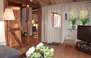 Ein Holzinterieur mit einer Couch, einem Fernseher, einer Topfpflanze und einem Korbstuhl.