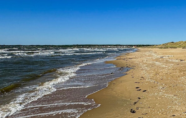 Ein Strand mit Wellen, sandigem Ufer und Dünen im Hintergrund.