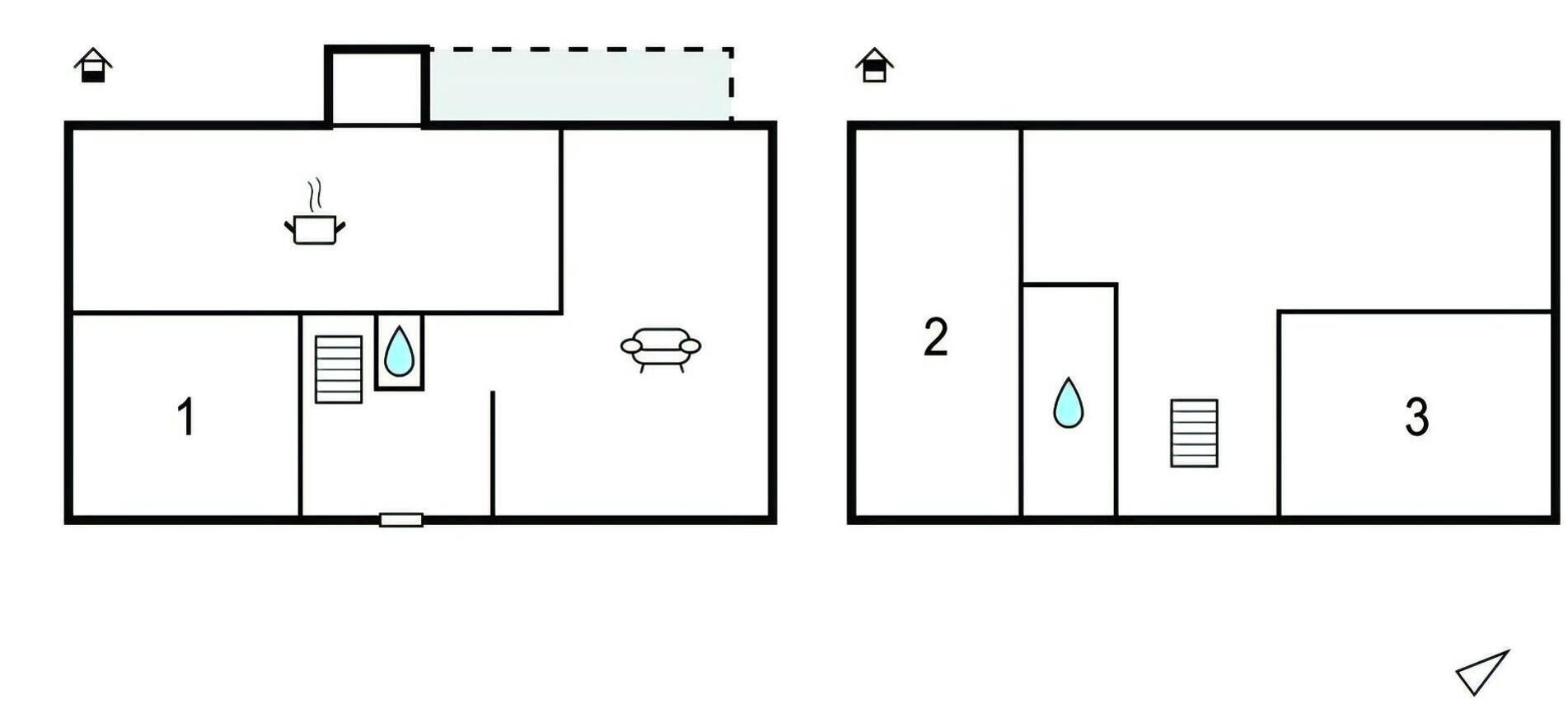 Dos planos de planta de un hotel, con habitaciones numeradas, cocina y zona de aparcamiento para coches.