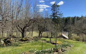 A natural landscape with trees, a grassy area, and a small structure.