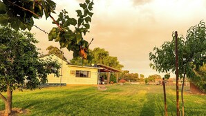 Une maison avec un porche, entourée de pelouse et d’arbres.