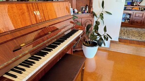 Un piano à queue en bois se trouve dans une pièce où il y a également un meuble en bois et une plante en pot.