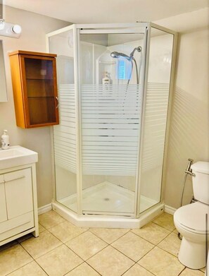 A corner shower with a glass door, a white sink, a wooden cabinet, and a toilet.