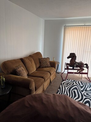A living room with a brown sofa, patterned pillows, a zebra-patterned rug, and a decorative horse statue. - Retro Escape Game Day Ready! (Arlington)