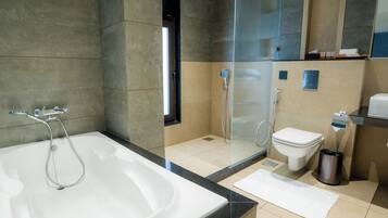 Hair dryer, towels, soap, shampoo