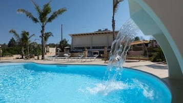 Seasonal outdoor pool, pool umbrellas, pool loungers
