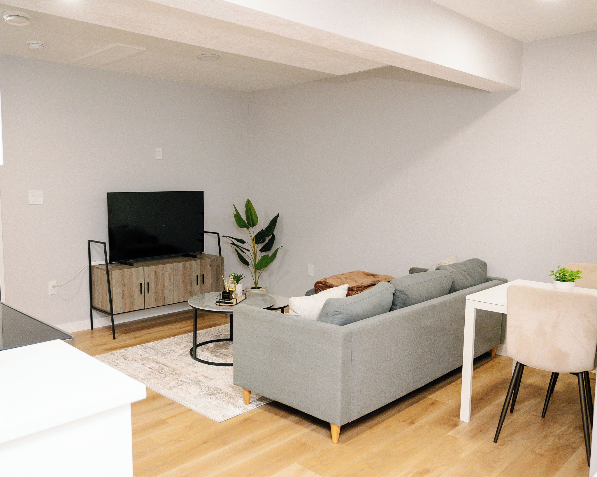 Ein modernes Wohnzimmer mit einer grauen Couch, einem Fernseher auf einem Holzschrank, einer Topfpflanze und einem weißen Tisch.