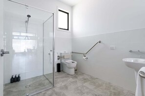 Hair dryer, towels, shampoo