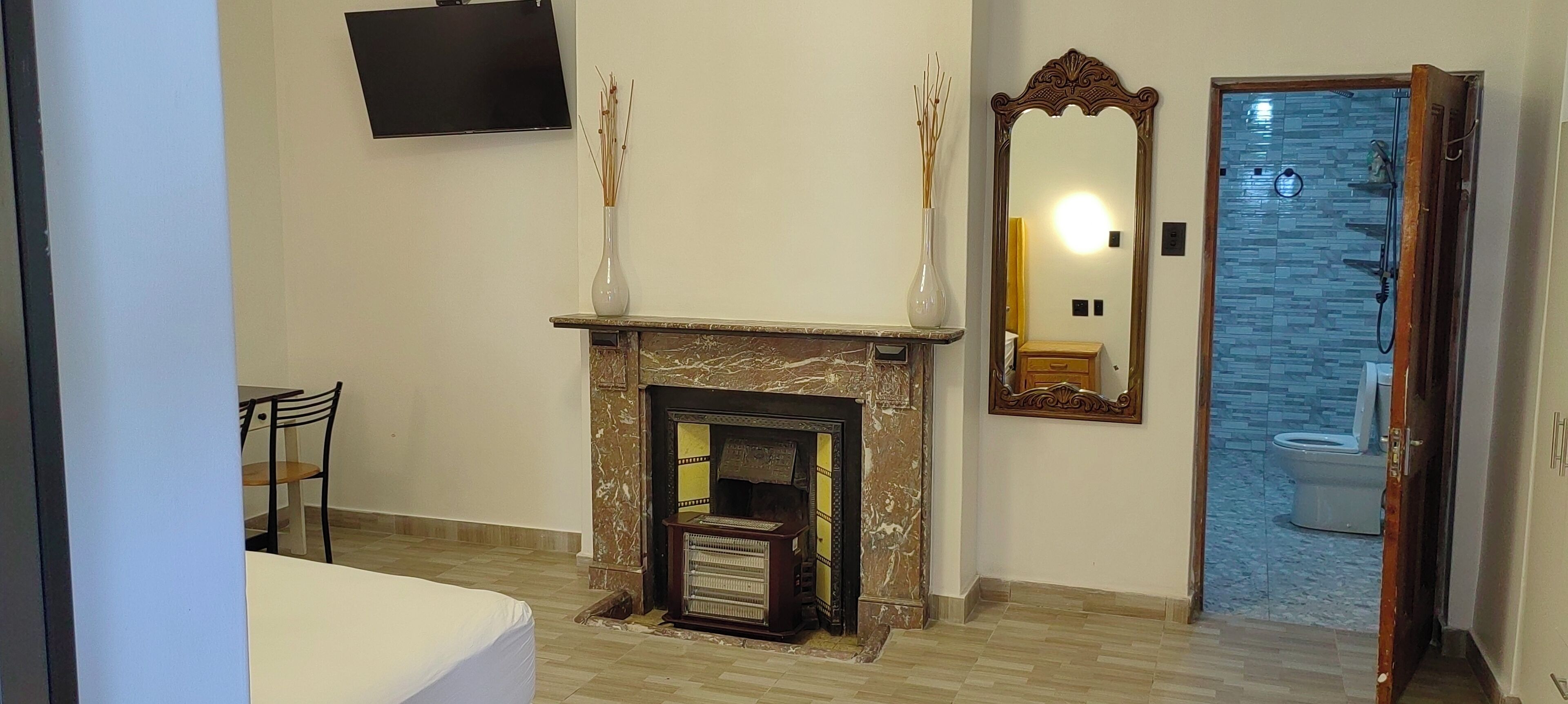 A room with a fireplace, a television mounted on the wall, a mirror, and a bathroom visible through an open door.