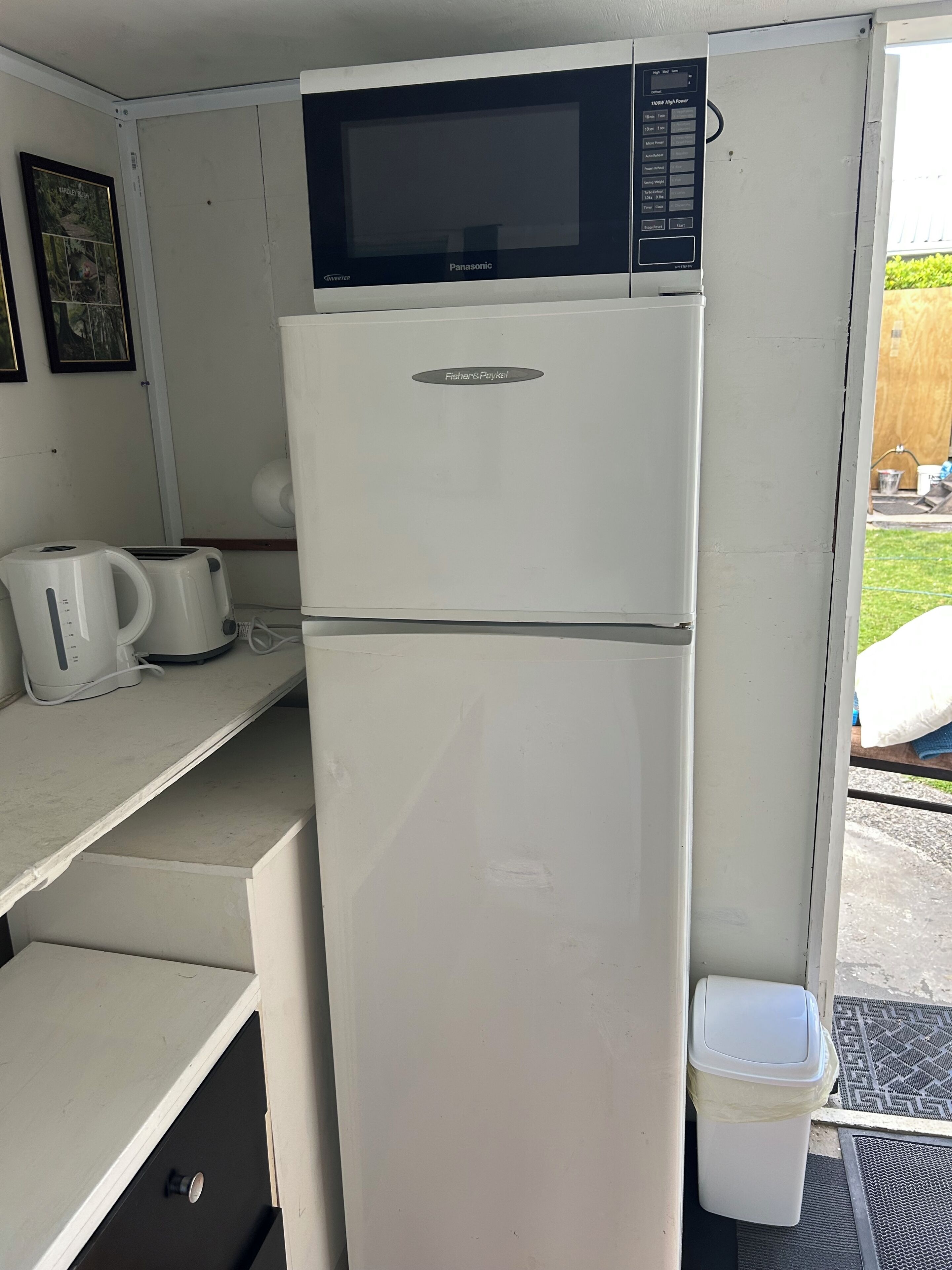 Fridge, microwave, electric kettle, toaster
