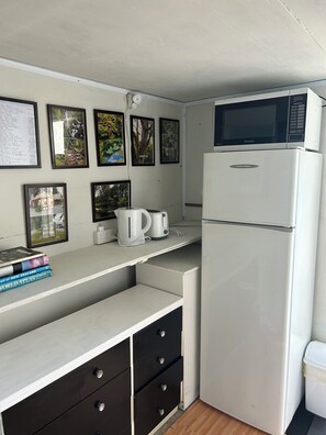 Fridge, microwave, electric kettle, toaster