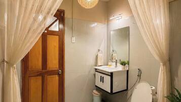 Shower, hair dryer, bidet, towels