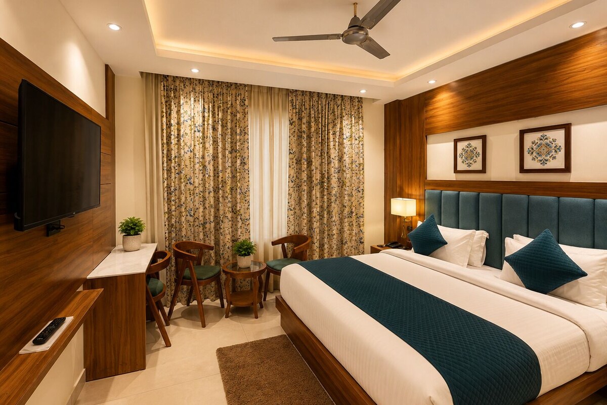 A hotel room with a bed, a desk, a TV, a ceiling fan, and a window with curtains.