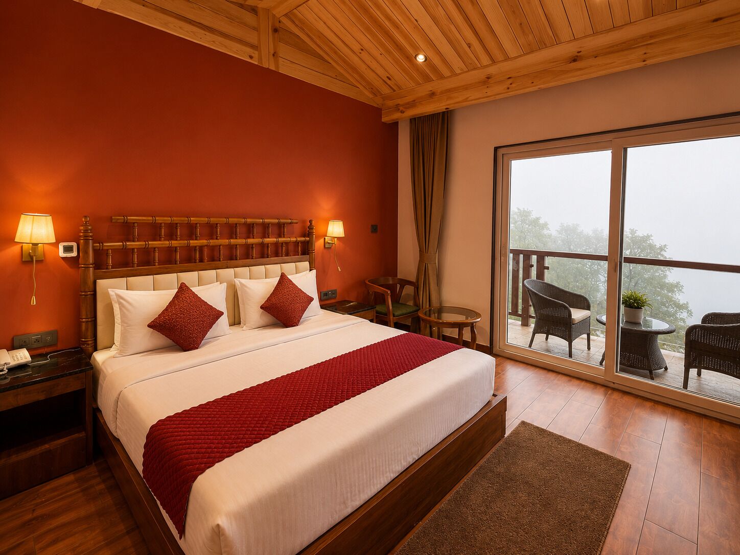 Une chambre d’hôtel avec un grand lit, une tête de lit en bois, deux lampes de chevet, un balcon avec des meubles en osier et une vue sur les arbres.