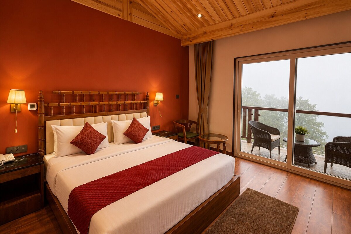A hotel room with a large bed, wooden headboard, two bedside lamps, a balcony with wicker furniture, and a view of trees.