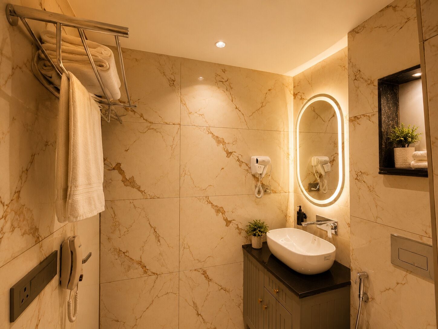 Un baño moderno con paredes de mármol, lavamanos empotrado, toallero, secador de pelo y espejo con luz.