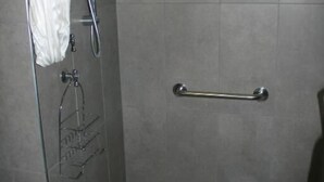 Eine Dusche mit Haltegriff, Handtuchhalter und Duschkopf.