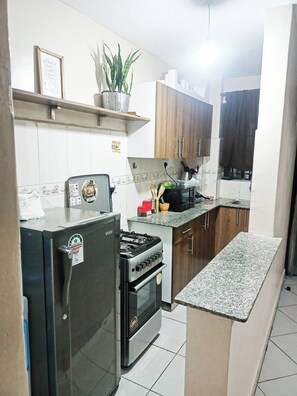 Geladeira, micro-ondas, cooktop, talheres/pratos/utensílios de cozinha