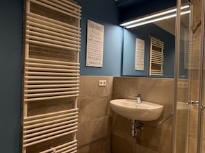 Shower, hair dryer, towels
