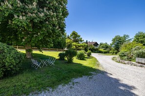 A gravel path leading to a house with a wooden fence and a large tree.
