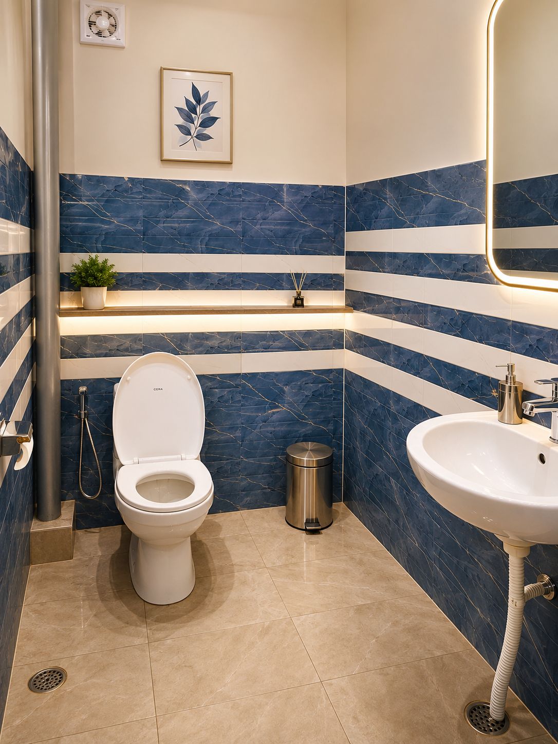 A bathroom with a toilet, sink, and a marble backsplash.