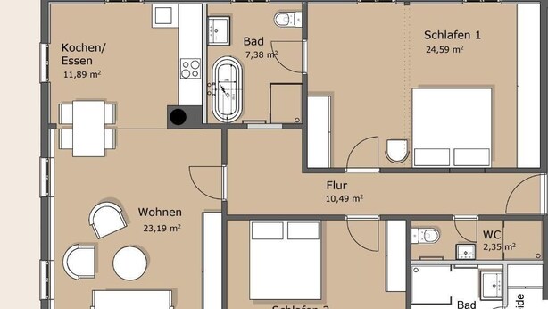 A floor plan with two bedrooms, a living room, a kitchen, a bathroom, and a balcony. - Landhaus Reverchon KG (Konz)