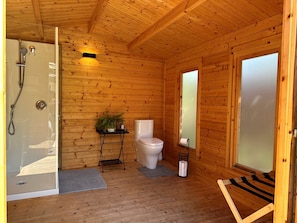A wooden cabin bathroom with a shower, toilet, and a small table with a plant.