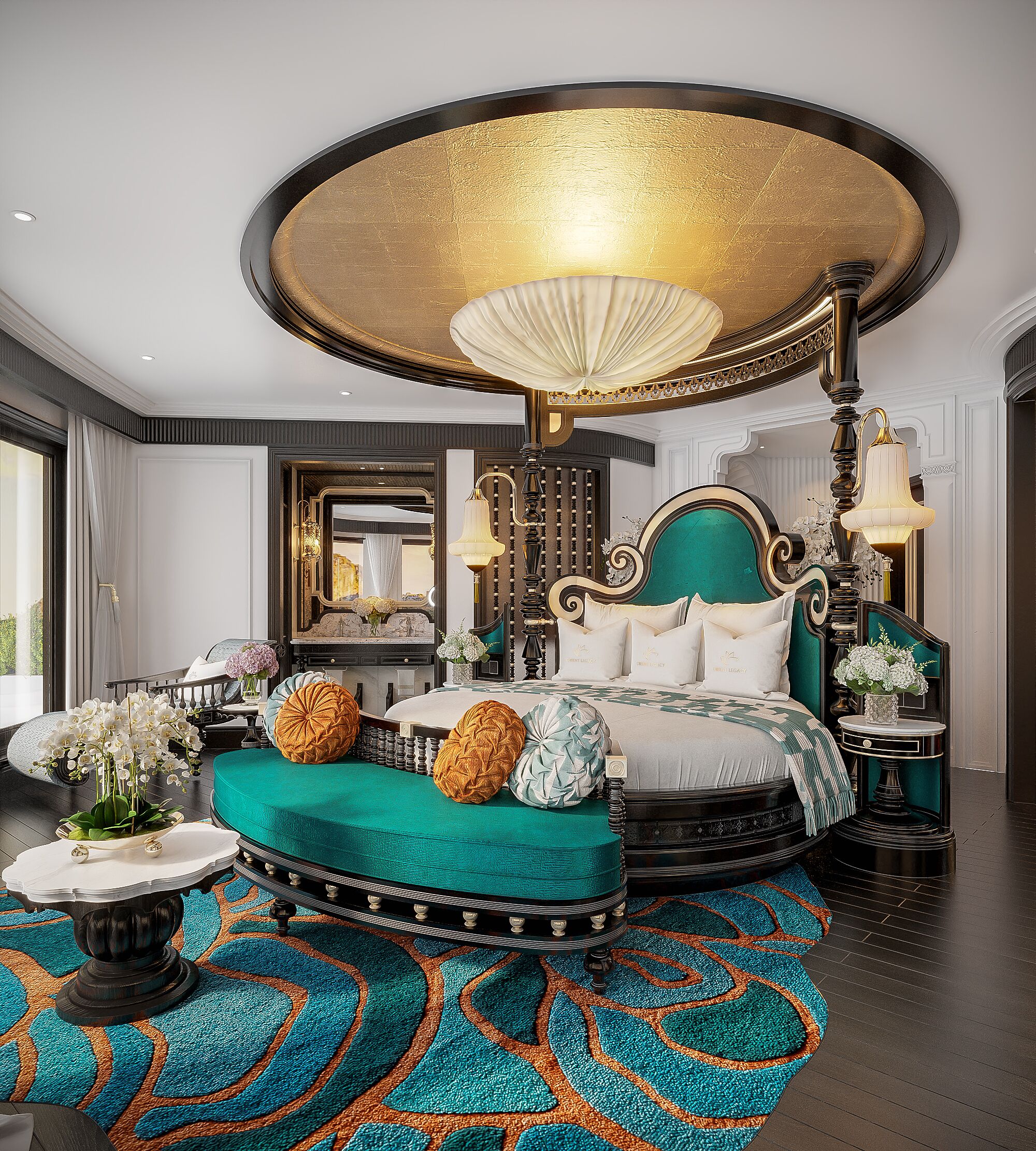 A luxurious bedroom with a large bed, ornate ceiling, and a decorative rug.