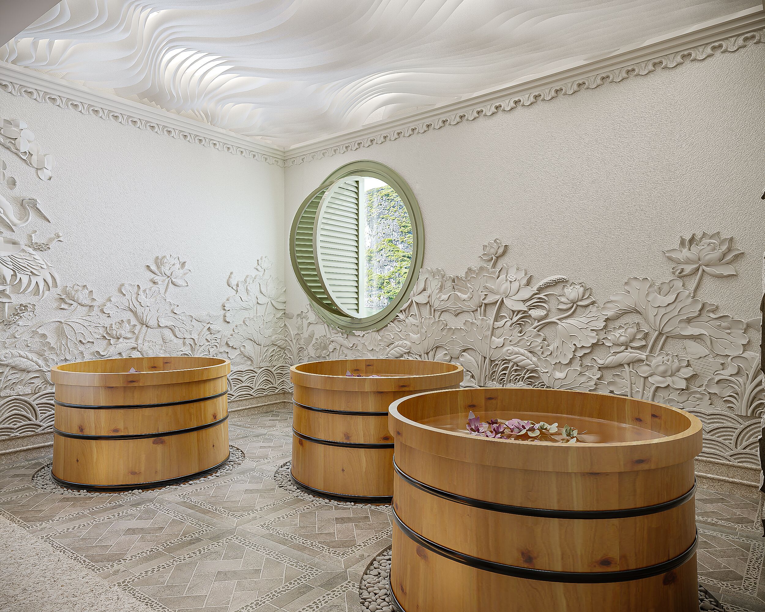 A room with three wooden barrels, a patterned floor, and a wall with floral carvings.