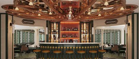 A bar area with a central bar, multiple stools, and a mirrored ceiling.