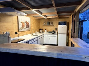 Fridge, microwave, stovetop, coffee/tea maker