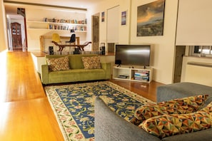 Un salon avec un canapé, un téléviseur, une bibliothèque et un tapis à motifs.