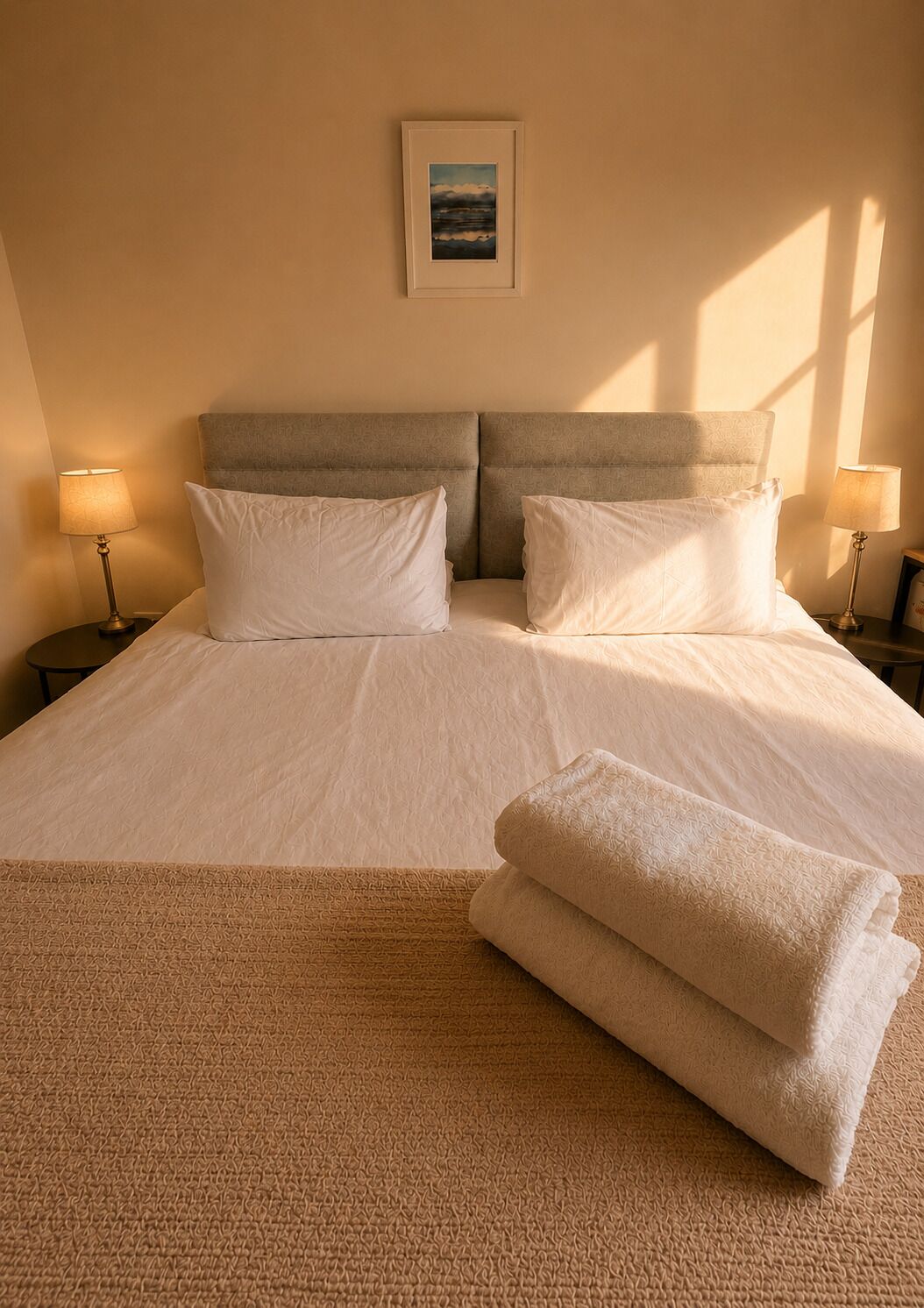 A neatly made bed with a headboard, two bedside lamps, and a framed picture on the wall.