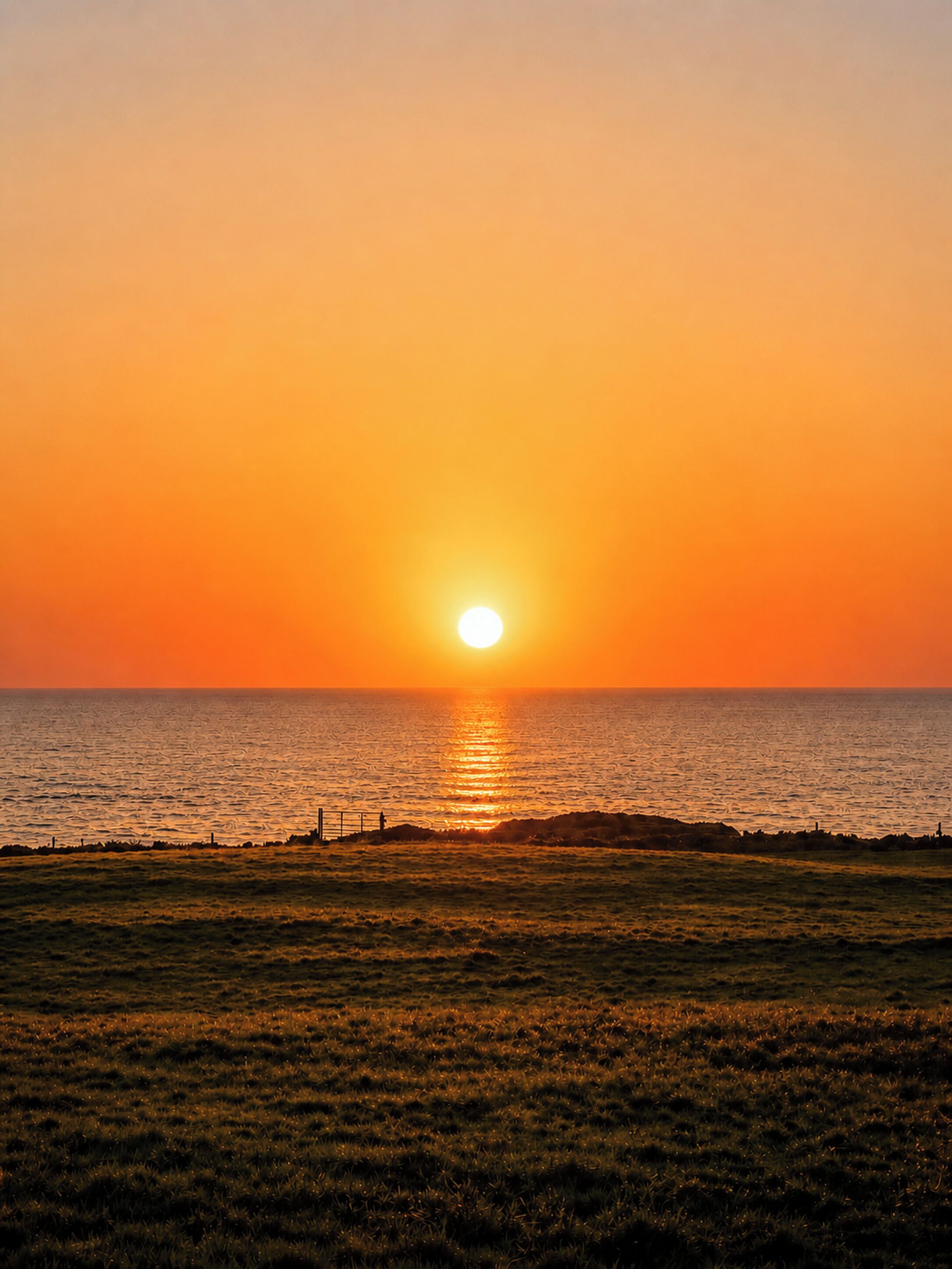 A sunset over a calm sea with a grassy foreground and a fence.