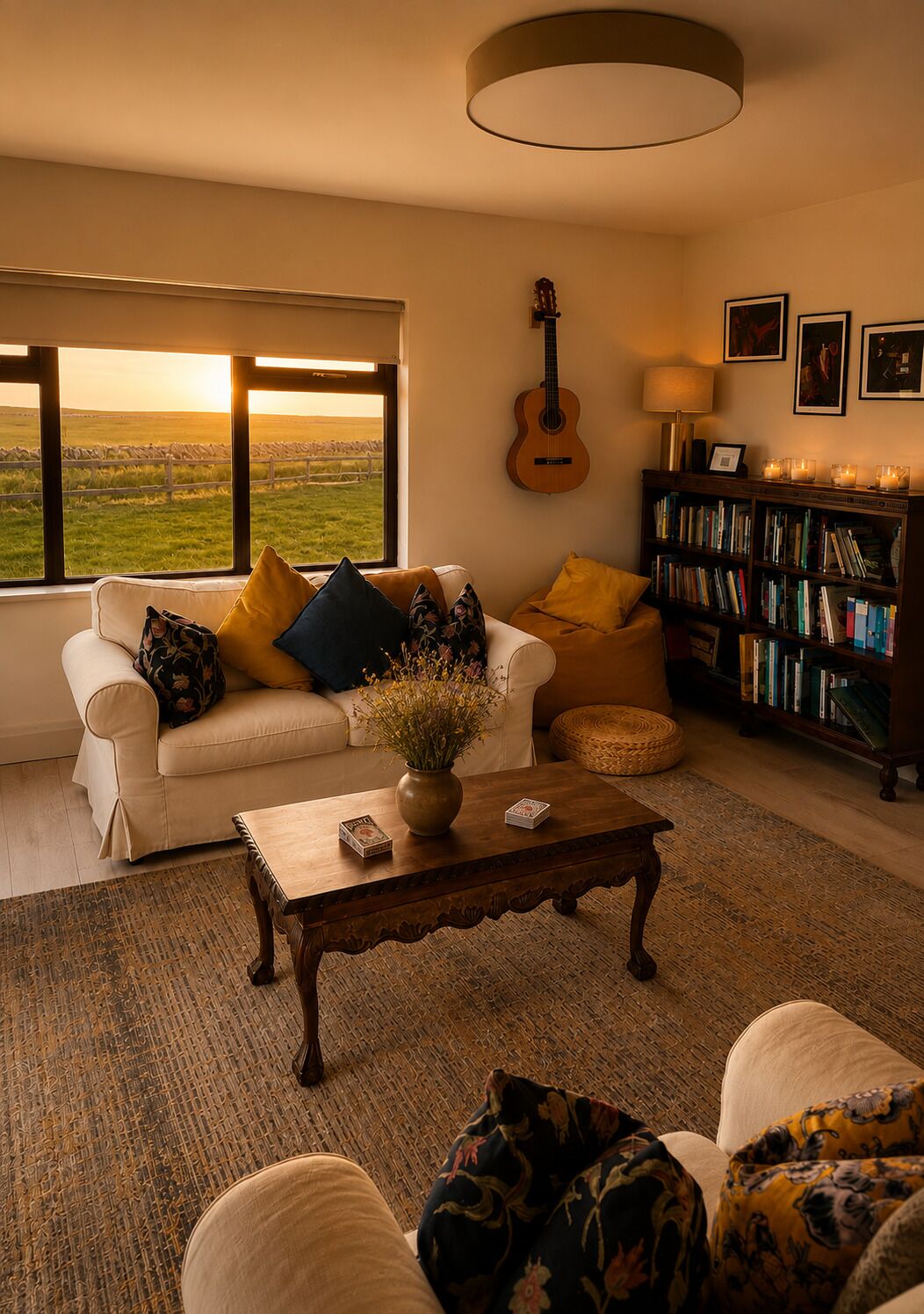 Una sala de estar acogedora con sofá, mesa de centro y estantería, una guitarra en la pared, y vistas a un campo a través de amplias ventanas.