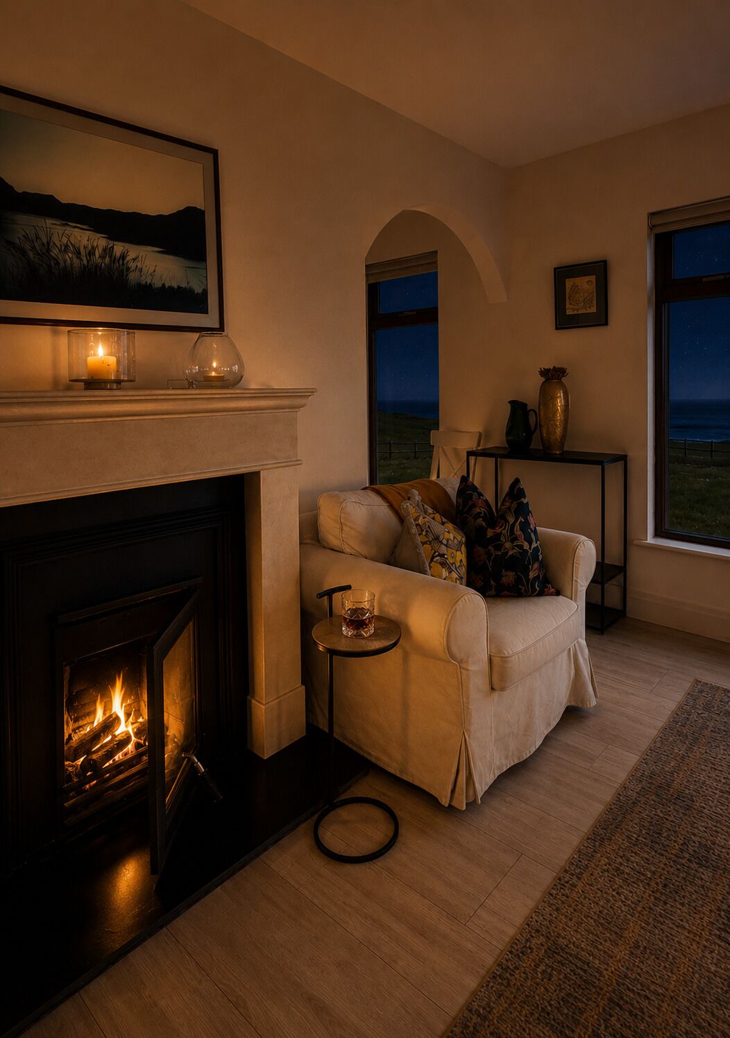 Una sala de estar acogedora con chimenea, un sofá y vistas al océano.