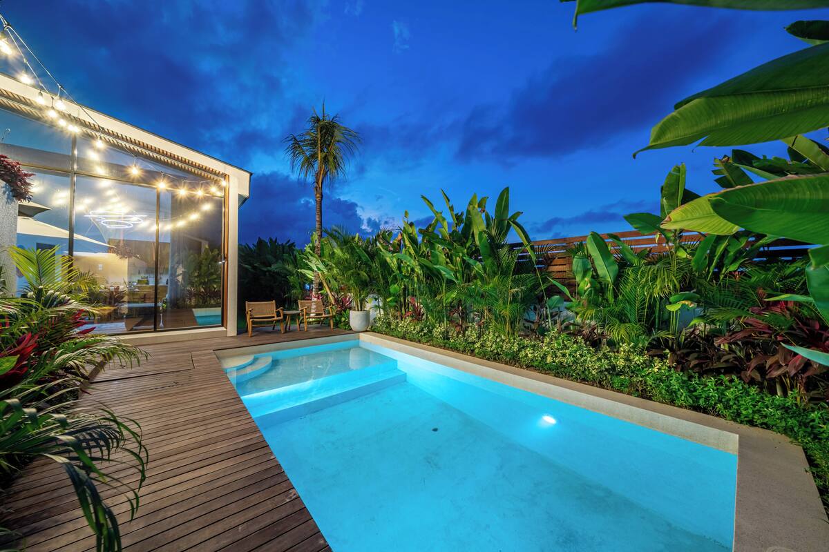 Una casa moderna con piscina, rodeada de exuberante vegetación tropical.