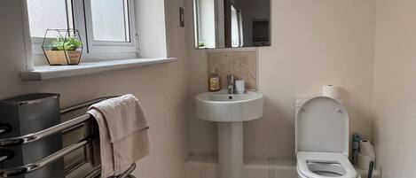 A compact bathroom with a window, a sink, a toilet, and a towel rack.