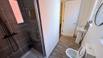 Shower, towels, toilet paper