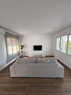 Ein modernes Wohnzimmer mit einem grauen Sofa, einem Fernseher auf einem weißen Lowboard und einer Pflanze.