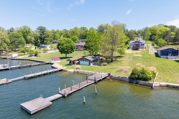 Lakefront property view with dock access.