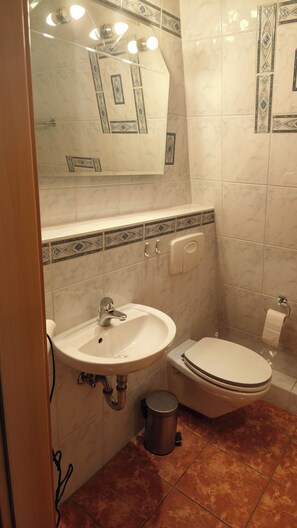 Shower, hair dryer, towels, toilet paper