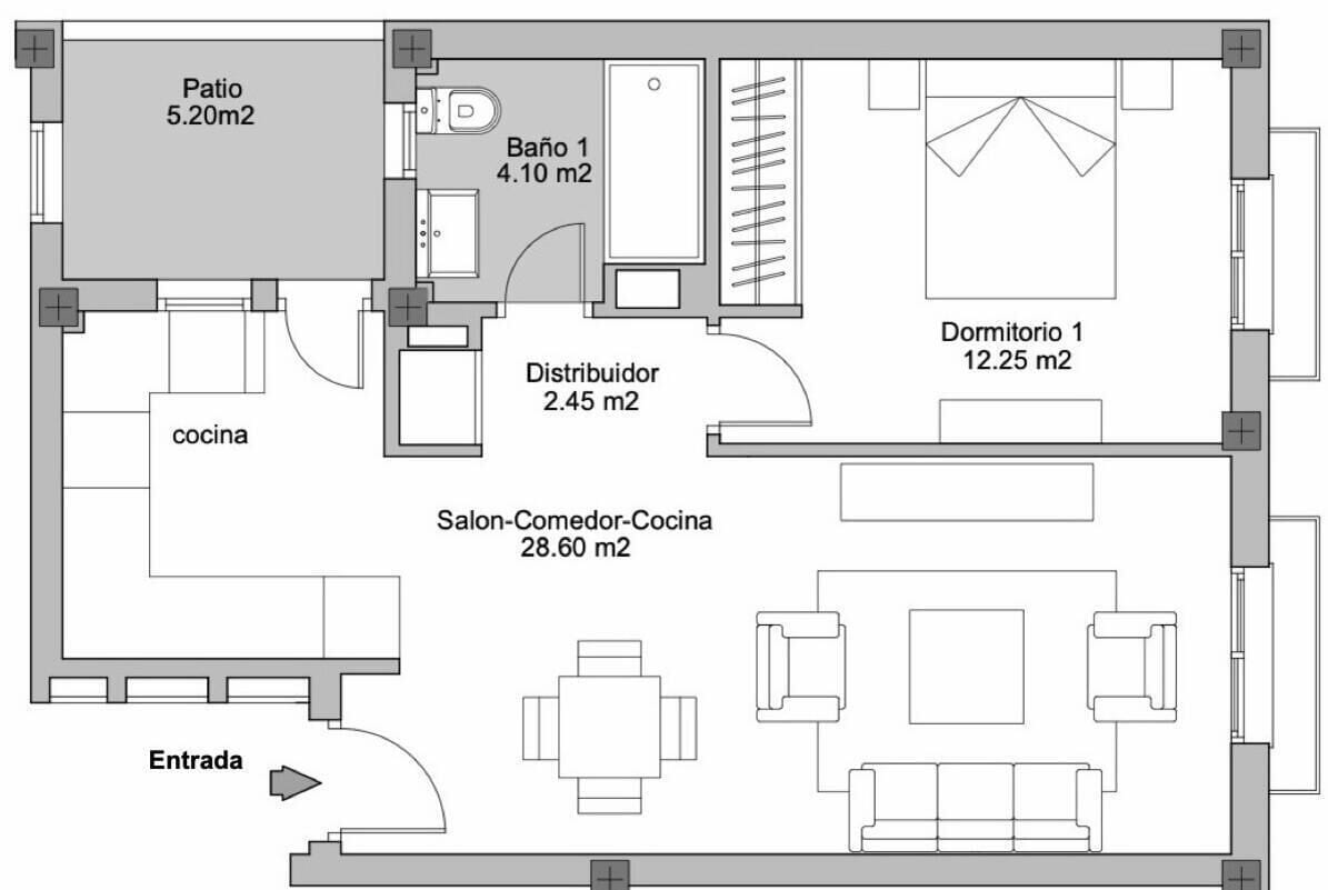 Plano de un hotel que muestra un patio, una cocina, un comedor, un dormitorio y un baño.