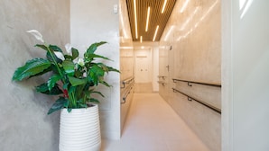 Un couloir avec une plante en pot blanche, un tapis gris et un plafond en bois orné de luminaires verticaux.