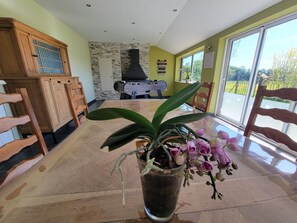 A dining area with a wooden table, chairs, a potted orchid, and a stone fireplace. - 8-person gîte with sauna and garden (Anor)